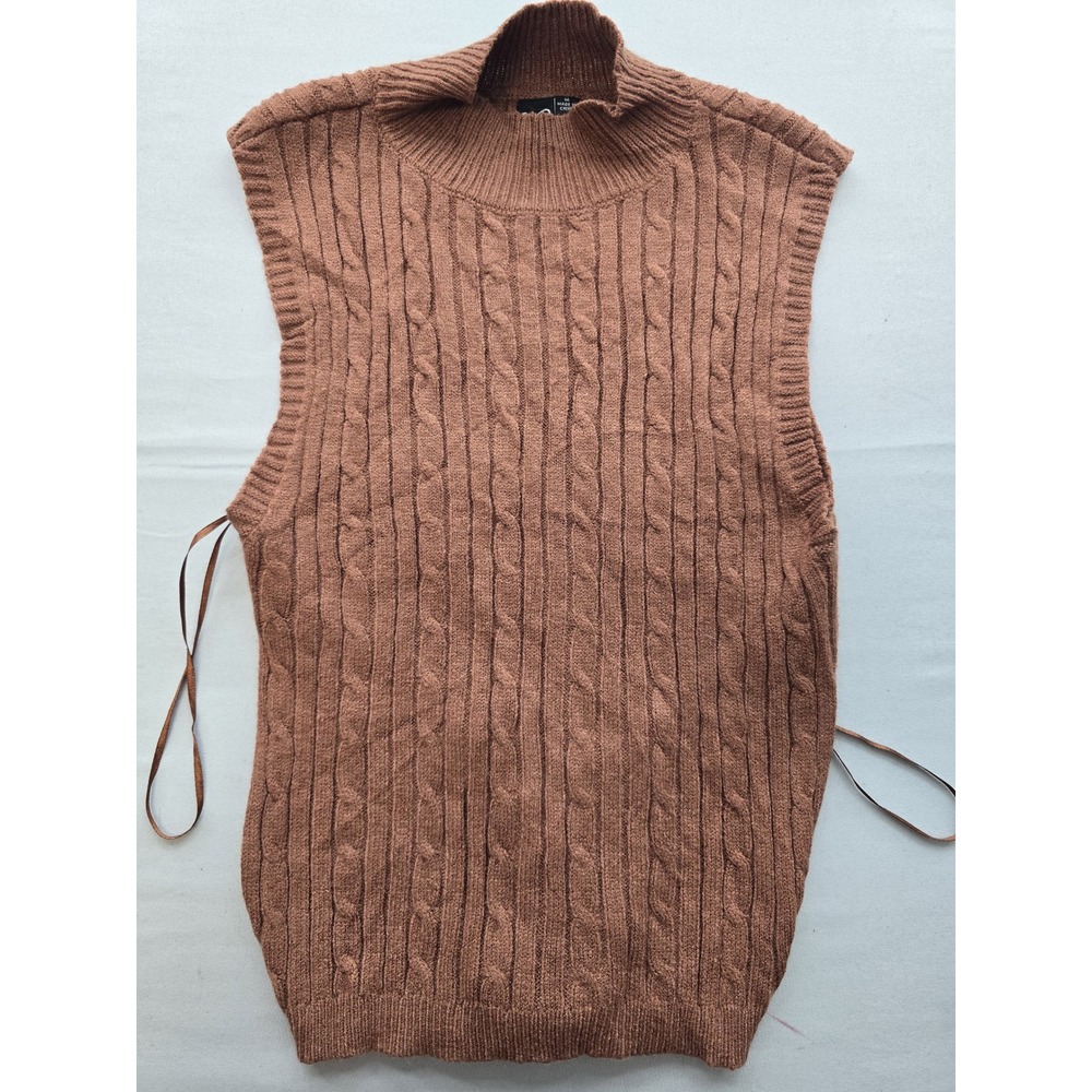 Windsor Brown Cable Knit Mock Neck Open Back Tie Vest Sweater Womens Medium